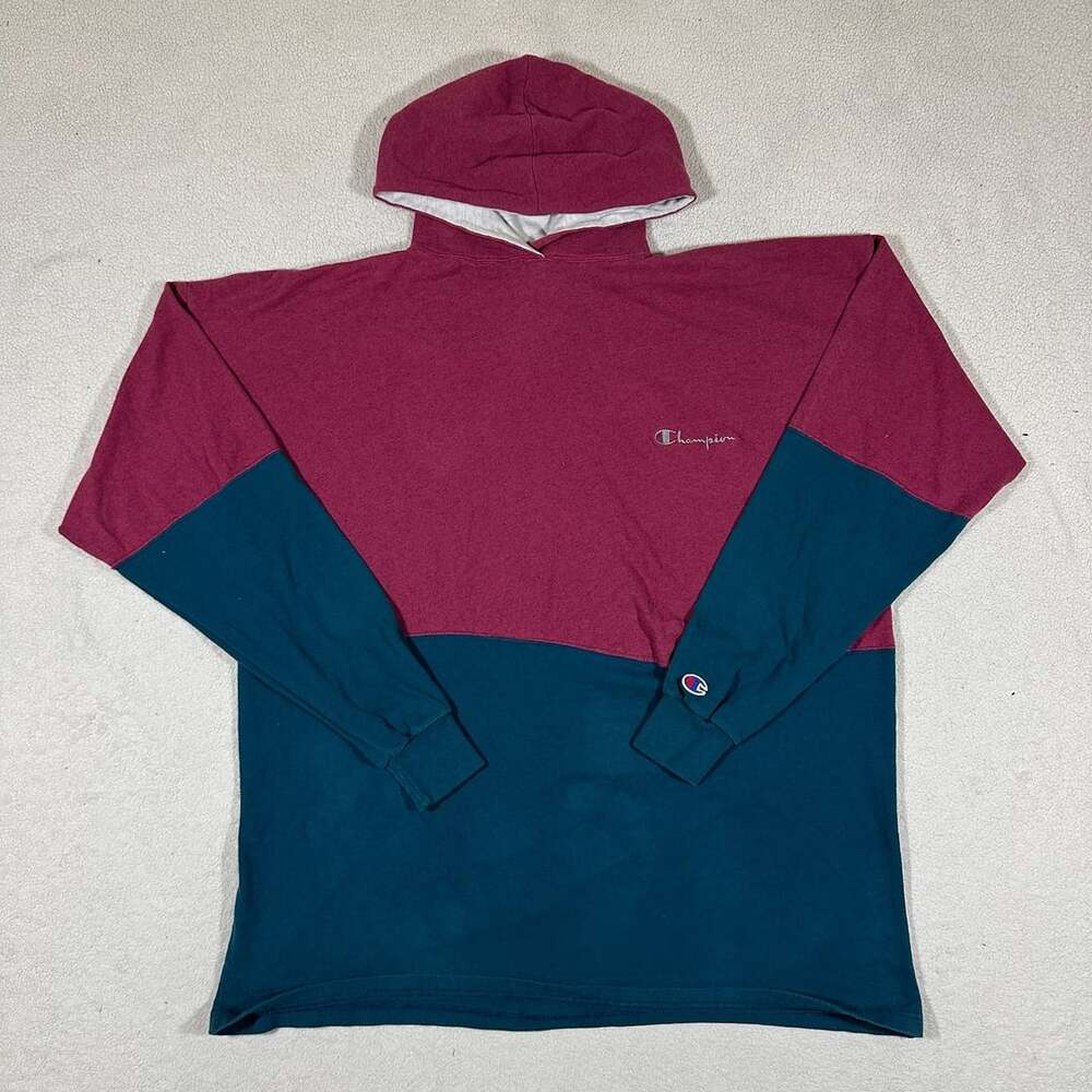 Vintage Champion USA Made Colorblock Hoodie Men's XXL Teal Burgundy 90s Pullover
